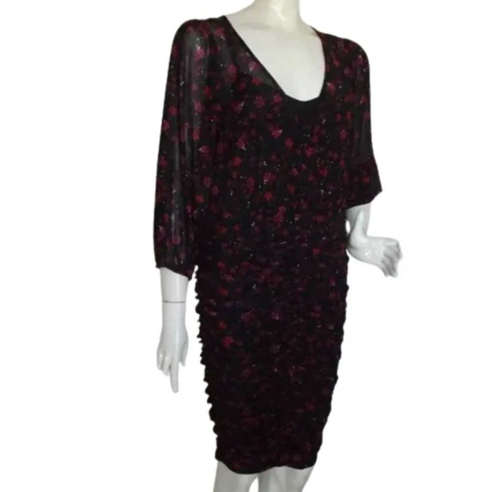 new TORRID Dress, 0/L, Black, Red/Purple Floral, Ruched Skirt, Scoop neck, Meshy - Picture 3 of 16
